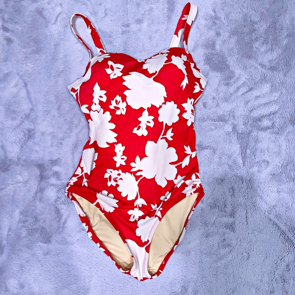 Lands End Square Neck Tugless One Piece Swimsuit Red Floral Soft Bra Womens 6 6B
